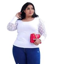 Blusa feminina plus size manga longa princesa tule poá diversos gola rasa casual