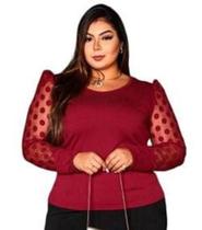 Blusa feminina plus size manga longa princesa tule poá diversos gola rasa elegante - Filó Modas