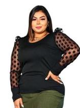 Blusa feminina plus size manga longa princesa tule poá diversos gola rasa