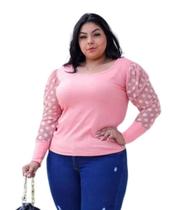 Blusa feminina plus size manga longa princesa tule poá diversos gola rasa sofisticada