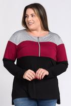 Blusa Feminina Plus Size Manga Longa Visco Tricolor Detalhe Zíper Gola - Serena