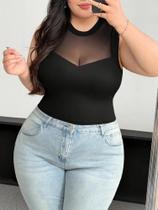 Blusa Feminina plus Size Preta Com Detalhes Em Tela, Sem Mangas, Gola Redonda, Verão 2025, Camiseta Blusa Feminina plus Size Preta Com Detalhes Em Tela, Sem Mangas, Gola Redonda, Verão 2025, Camiseta
