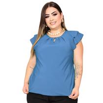 Blusa Feminina Plus Size Social Manga Curta Detalhe Gota Botão Crepe