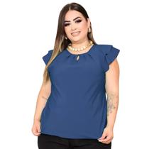 Blusa Feminina Plus Size Social Manga Curta Detalhe Gota Botão Crepe