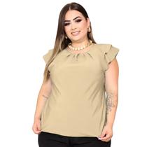 Blusa Feminina Plus Size Social Manga Curta Detalhe Gota Botão Crepe