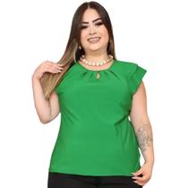 Blusa Feminina Plus Size Social Manga Curta Detalhe Gota Botão Crepe