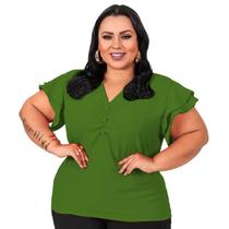 Blusa Feminina Plus Size Tamanho Grande Com Botão Encapado e Decote em V G1 ao G4 Blusa Feminina Plus Size Tamanho Grande Com Botão Encapado e Decote em V G1 ao G4
