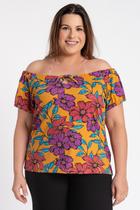 Blusa Feminina Plus Size Visco Ciganinha Estampada Detalhe Amarração - Serena