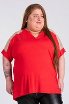 Blusa Feminina Plus Size Visco Decote em "V" Detalhe Tule Mangas - Serena