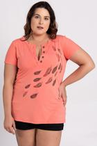 Blusa Feminina Plus Size Visco Estampada Penas Gola Botão - Serena