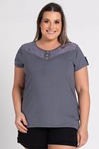 Blusa Feminina Plus Size Visco Renda Aplique Botões - Serena