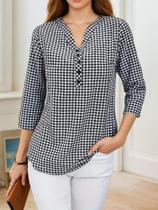 Blusa Feminina plus Size Xadrez De Manga Longa Com Decote Em V, Ajuste Slim, Moda Primavera Outono Blusa Feminina plus Size Xadrez De Manga Longa Com Decote Em V, Ajuste Slim, Moda Primavera Outono