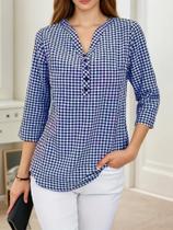 Blusa Feminina plus Size Xadrez De Manga Longa Com Decote Em V, Ajuste Slim, Moda Primavera Outono