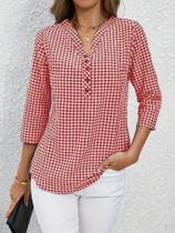 Blusa Feminina plus Size Xadrez De Manga Longa Com Decote V Ajustada Para Primavera E Outono