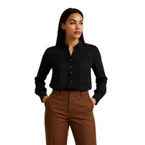 Blusa Feminina Preta Chiffon com Botões Dourados Manga Longa Elegante