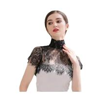 Blusa Feminina Preta De Renda Bordada Com Gola De Xale Removível - Top Da Moda