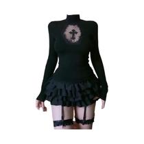 Blusa Feminina Preta Gótica Com Gola Alta E Cruz Vazada, Manga Longa, Ajuste Slim, Casual, Estilo