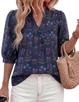Blusa feminina PRETTYGARDEN 2026, floral, verão, decote em V, azul marinho