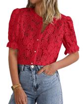 Blusa feminina PRETTYGARDEN de manga curta com ilhó de renda vermelha
