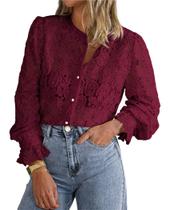 Blusa Feminina PRETTYGARDEN de Renda Manga Longa com Botões Vinho Vermelho P Blusa Feminina PRETTYGARDEN de Renda Manga Longa com Botões Vinho Vermelho P