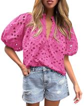 Blusa Feminina PRETTYGARDEN em Renda com Botões e Decote V Rosa P