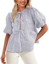 Blusa feminina PRETTYGARDEN, gravata frontal, listrada, 2025, cinza, azul