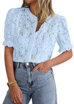 Blusa feminina PRETTYGARDEN, manga curta, ilhó de renda, azul claro Blusa feminina PRETTYGARDEN, manga curta, ilhó de renda, azul claro