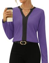 Blusa feminina Rapbin com decote em V, manga comprida, xadrez, roxa, XXL