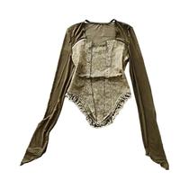 Blusa Feminina Retrô com Patchwork, Gola Quadrada e Manga Comprida - Detalhes em Renda Transparente