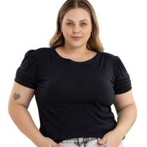 Blusa Feminina Ribana Canelada Plus Size Detalhe De Botões Na Manga Franzida 40324A