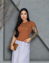 Blusa Feminina Ribana Listrada e lisa Básica Bicolor Americana