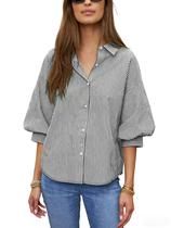 Blusa feminina Seetaa listrada com botões e manga folhada 3/4 Blusa feminina Seetaa listrada com botões e manga folhada 3/4