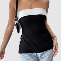 Blusa Feminina sem alça Bicolor Algoddão Fenda Lateral Estilosa