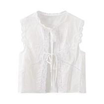 Blusa Feminina Sem Mangas Com Bordado Em Renda E Decote Redondo, Top Chic Com Amarração Frontal Blusa Feminina Sem Mangas Com Bordado Em Renda E Decote Redondo, Top Chic Com Amarração Frontal