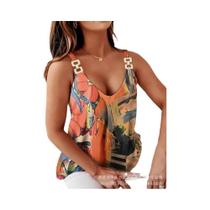 Blusa Feminina Sem Mangas com Decote V - Estampa de Corrente e Alça Espaguete Blusa Feminina Sem Mangas com Decote V - Estampa de Corrente e Alça Espaguete