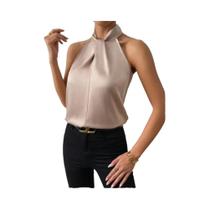 Blusa Feminina Sem Mangas, Halter, Cor Bloco - Cetim Imitação de Seda - Estilo Europeu Blusa Feminina Sem Mangas, Halter, Cor Bloco - Cetim Imitação de Seda - Estilo Europeu
