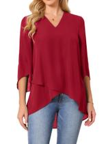 Blusa feminina Seta T com bainha assimétrica alta e baixa em chiffon vermelho Blusa feminina Seta T com bainha assimétrica alta e baixa em chiffon vermelho