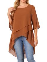 Blusa feminina Seta T de chiffon alto-baixo, manga 3/4, caramelo
