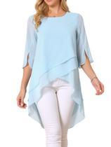 Blusa feminina Seta T de chiffon alto e baixo, assimétrica, manga 3/4