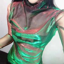 Blusa Feminina Sexy de Malha Transparente com Manga Comprida - Degradê Laser e Renda