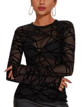 Blusa feminina sexy de manga comprida AKEWEI, malha transparente, preta
