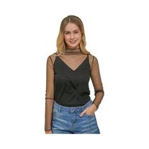 Blusa Feminina Sexy de Renda com Manga Longa - Gola Listrada com Bolinhas e Estrelas