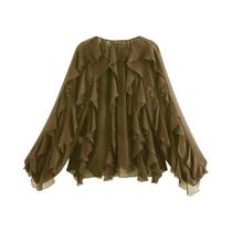 Blusa Feminina Sexy Translúcida Com Babados E Decote V, Camisa Casual Em Camadas Estilo Praia Cor