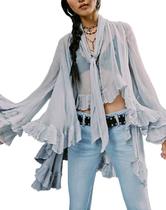 Blusa feminina Seyumixi com babados de malha transparente, azul claro, tamanho L Blusa feminina Seyumixi com babados de malha transparente, azul claro, tamanho L