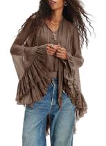 Blusa feminina Seyumixi, malha transparente, babada, cinza, marrom, tamanho L