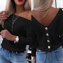 Blusa Feminina Slim Fit Manga Comprida Chique Botão Traseiro Blusa Casual Elegante Camisa Com Gola