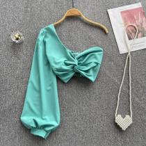 Blusa Feminina Slim Fit Manga Longa - Cintura Elástica, Gola Assimétrica e Estilo Coreano