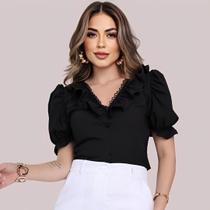 Blusa Feminina Social Manga Curta Bufante com Gola V Babado