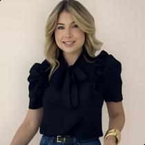 Blusa Feminina Social Manga Curta Bufante com Laço e Babados