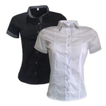 Blusa Feminina Social Manga Curta Preto Branco Combo 2 UN